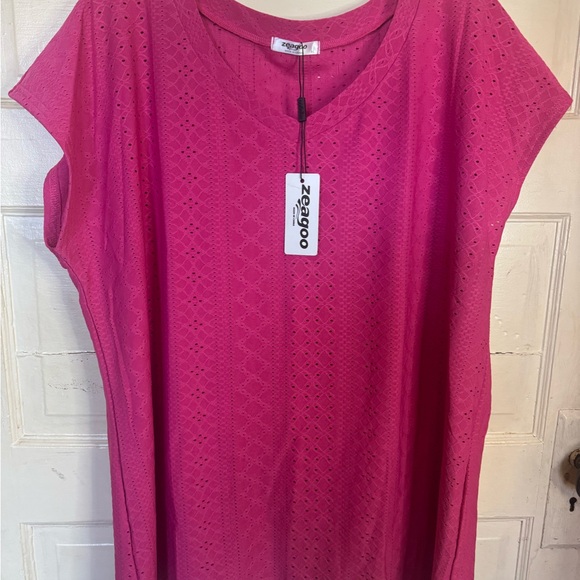 Zeagoo Top Eyelet Loose Fit Blouses Dressy Basic Hot Pink V Neck XL NWT - Picture 8 of 11